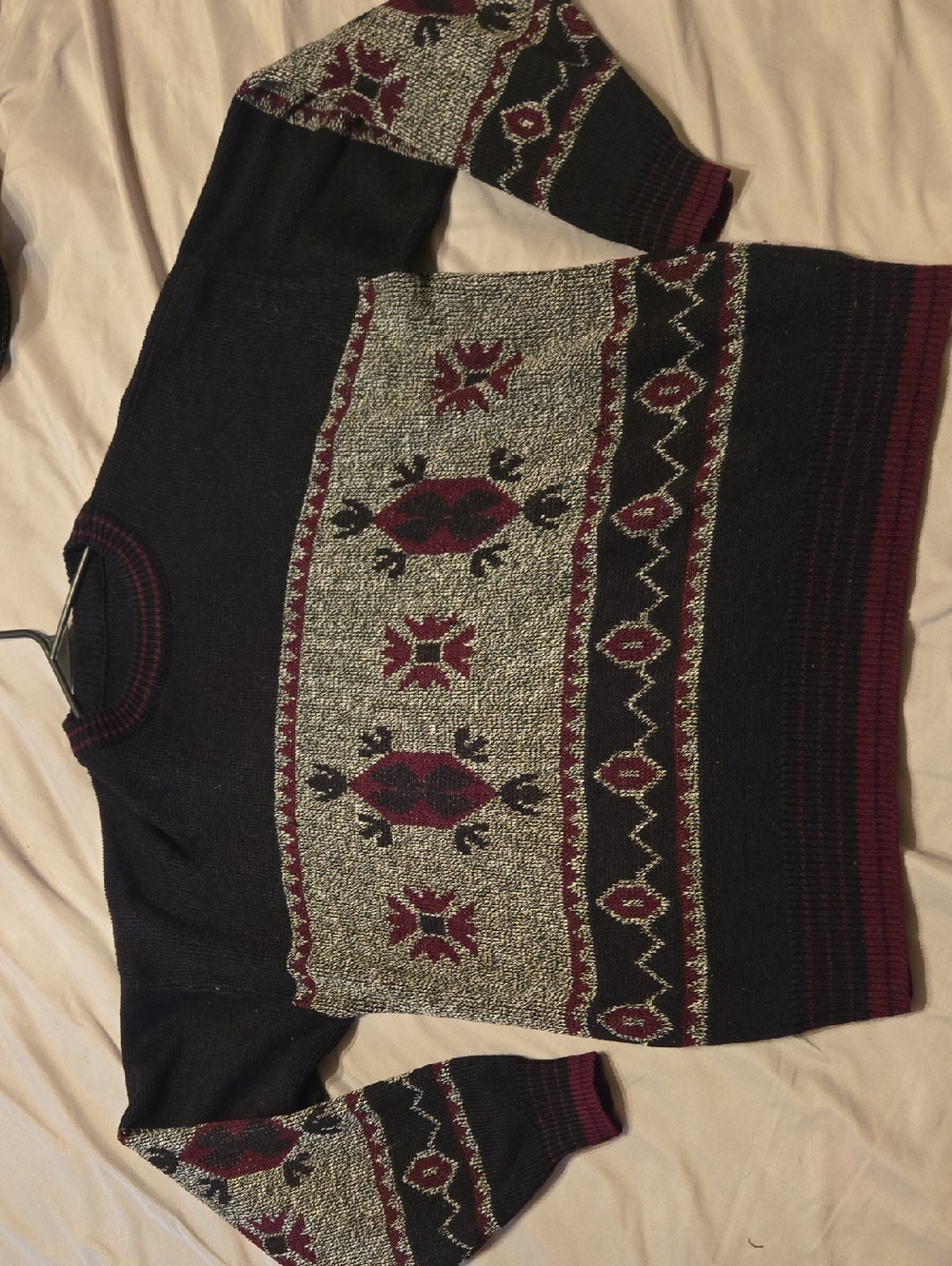 Vintage Black and Burgundy Patterned Crewneck Sweater